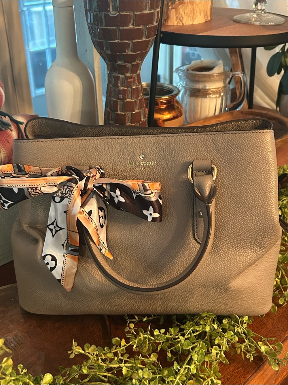 kate spade Taupe Pebbled Leather Satchel with Patterned Scarf Accent